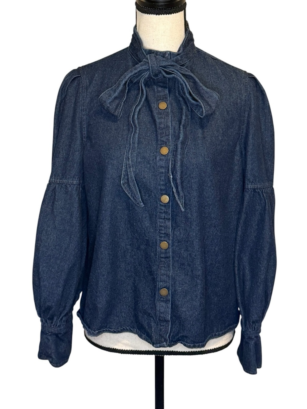 Denim Tie-Neck Button Front Blouse - Dark Wash